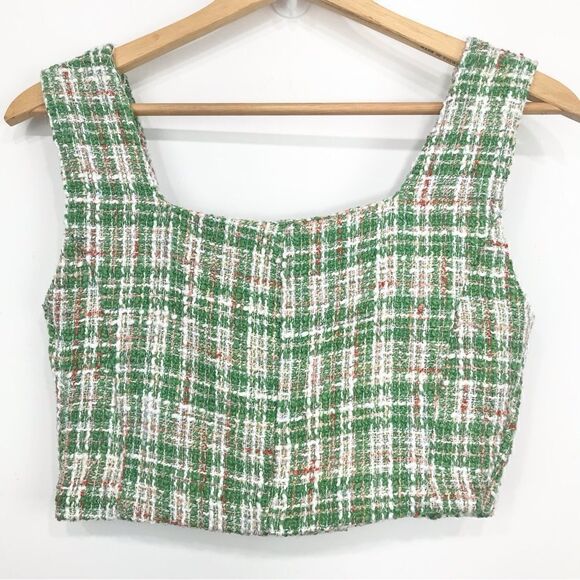 Storets DIANA Green White Plaid Tweed Pearl Button Crop Tank - Picture 6 of 11